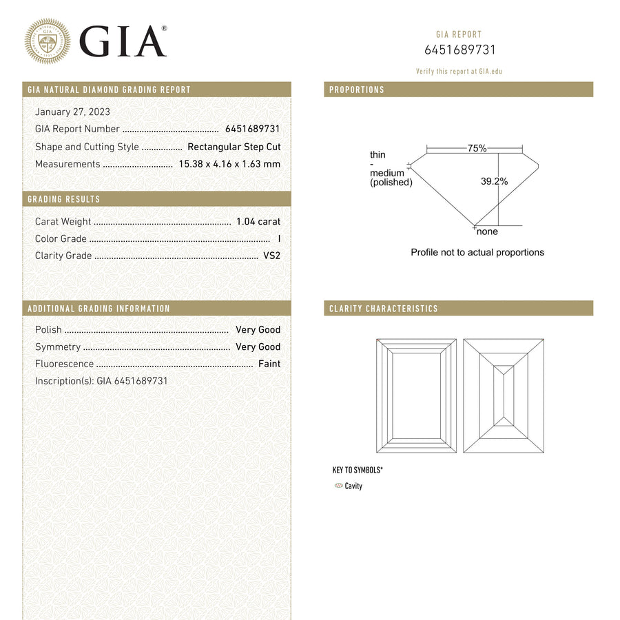 The 1.04ct 15.35x4.17x1.59mm GIA VS2 I Baguette Step Cut 23037-01 by East London jeweller Rachel Boston | Discover our collections of unique and timeless engagement rings, wedding rings, and modern fine jewellery. - Rachel Boston Jewellery